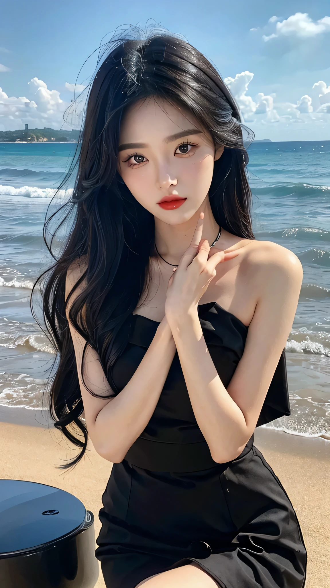 A perfect young female white-collar worker,Chinese,High picture quality,Works of masters,Black hair,Long hair flowing over the shoulders,in the beach, sea, Beach wave hairstyle,cropped shoulders,clavicle,exquisite face,Hydrated red lips,Real Human,CG rendering,16k,Stand up,Do not show your hands,Close-up shot