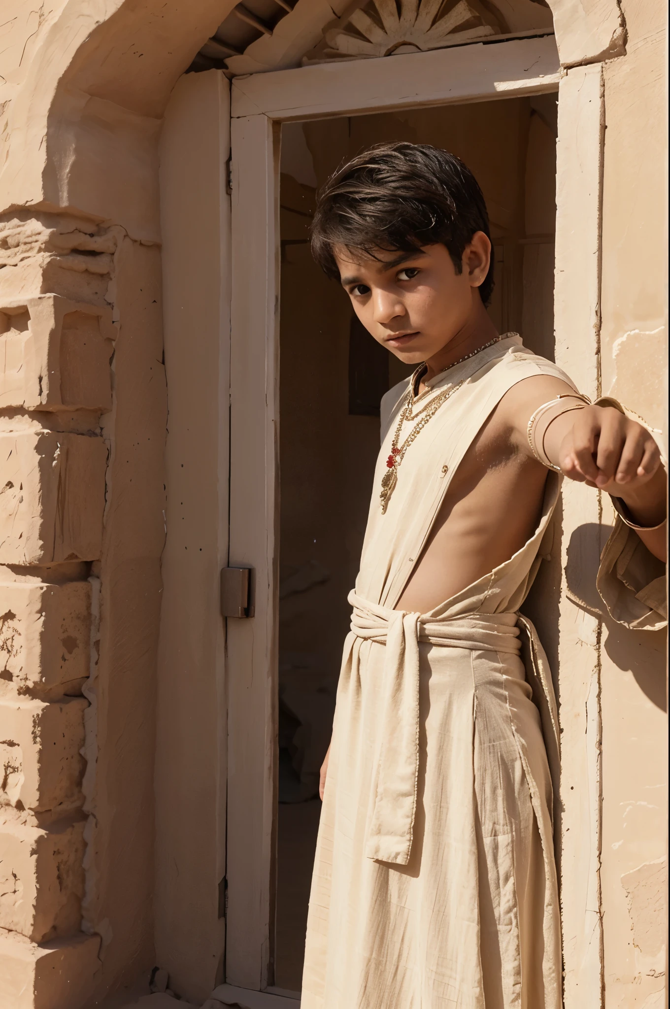 A boy in desert seeing mirror in rajastani dress wear pagadi showing finger to mirror