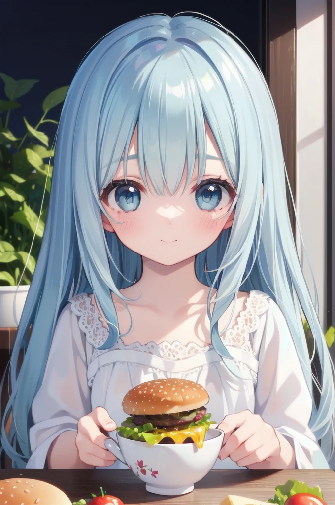 masterpiece, best quality, extremely detailed, (illustration, official art:1.1), 1 girl ,(((( light blue long hair)))), light blue hair, ,, long hair ((blush)) , cute face, big eyes, masterpiece, best quality,(((((a very delicate and beautiful girl))))),Amazing,beautiful detailed eyes,blunt bangs((((little delicate girl)))),tareme(true beautiful:1.2), ,,, affectionate smile,(Best Quality,hight resolution,Ultra-detailed),Eating a hamburger, Silver hair, Blue eyes, Hamburger, cup, lettuce, fruits, tomatoes, onion, bowl, Bokeh background, food, closeup at the food, still-life, Blurred, depth of fields, Verdure, cheese