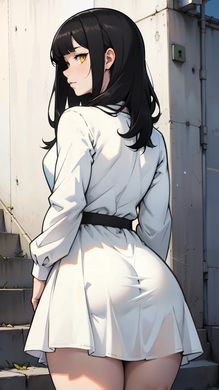 sundress long sleeve white dress girl muscular thick black hair yellow eyes pale skin from behind