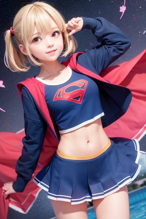 An elementary school student is wearing Supergirl clothes.、obra de arte、mais alta qualidade、Espalhando cabelo preto、corte bob com pontas aparadas、(peito achatado)、lolicon、Manto Vermelho、manga curta、pink heart-shaped particles、Fundo de telhado com piscina、todo o corpo、sorriso、Perna alta