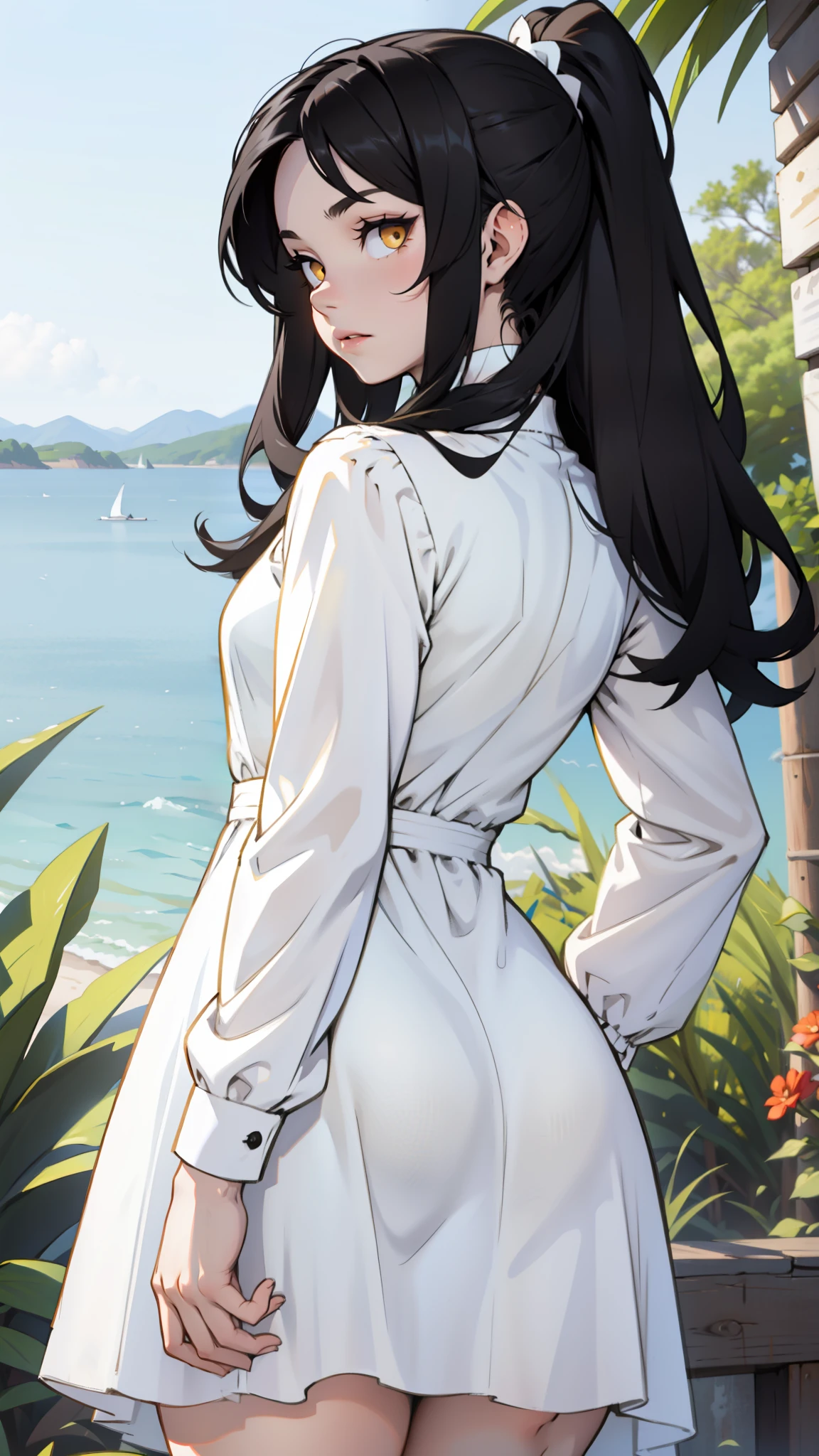 sundress long sleeve white dress girl muscular thick black hair yellow eyes pale skin from behind