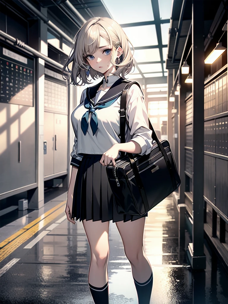 full body shot, absurdres, RAW photo, extremely delicate and beautiful, masterpiece, Best Quality, ultra high resolution, 32k, hyperrealistic, ultra-detailed, detailed description, pale skin, 20 years old, tearful mole, earring, Colossal tits, short medium hair, wavy hair, sailor uniform, school_uniform,