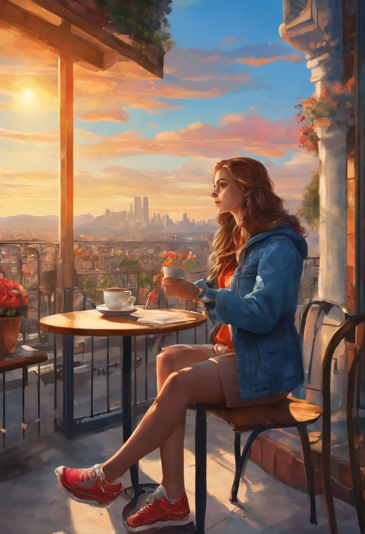 an oil painting with many bright colors on a white canvas, UHD, masterpiece, A young girl is sitting in a cafe, enjoying a cup of coffee. He wore blue jeans, a denim jacket, and red sneakers. Her hair is long and black, and she has big brown eyes. This cafe has large windows overlooking the city. The sun was setting over the horizon, and the sky was filled with bright colors. The girl looked pensive, enjoying this quiet moment.