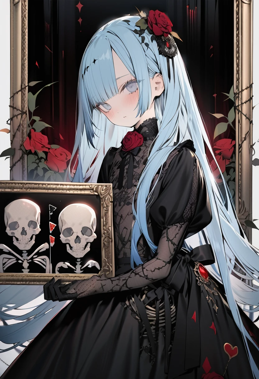 masterpiece, best quality, extremely detailed, (illustration, official art:1.1), 1 girl ,(((( light blue long hair)))), light blue hair, ,, long hair ((blush)) , cute face, big eyes, masterpiece, best quality,(((((a very delicate and beautiful girl))))),Amazing,beautiful detailed eyes,blunt bangs((((little delicate girl)))),tareme(true beautiful:1.2), ,masterpiece, best quality,1girl, solo, flower, long hair, rose, red hair, red flower, heart, grey eyes, thorns, red rose, vines, dress, looking at viewer, parted lips, bangs, black flower, black dress, gloves, holding, plant, very long hair, skeleton, ring, white background, black rose, picture frame, card, frills, black gloves, white eyes, blurry
////////,