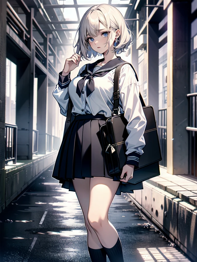 full body shot, absurdres, RAW photo, extremely delicate and beautiful, masterpiece, Best Quality, ultra high resolution, 32k, hyperrealistic, ultra-detailed, detailed description, pale skin, 20 years old, tearful mole, earring, Colossal tits, short medium hair, wavy hair, sailor uniform, school_uniform,