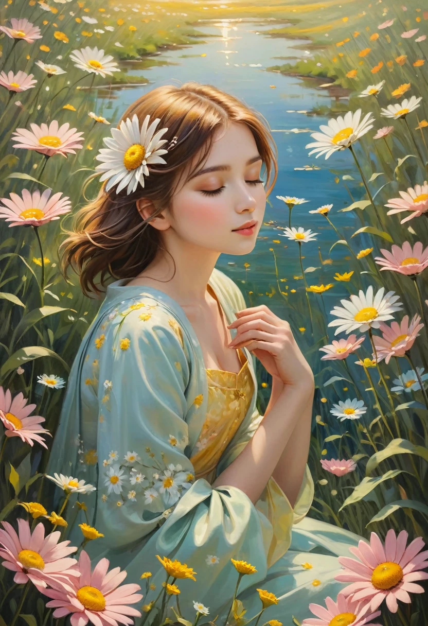 Capture the essence of pure serenity and natural beauty in an awe-inspiring oil painting that transports viewers into a dreamlike world where a girl finds solace amidst a sea of Paper Daisies.
Imagine a tranquil meadow bathed in the soft glow of the setting sun, where the vibrant hues of yellow, orange, and pink Paper Daisies stretch as far as the eye can see. Nestled among the blossoms lies a young girl, her figure draped in billowing fabric that mirrors the delicate petals of the flowers.
With a sense of peaceful abandon, the girl reclines gracefully among the daisies, her eyes closed in quiet contemplation. The warm golden light of the sun caresses her skin, casting a gentle radiance that illuminates her features and lends an ethereal quality to the scene.
The oil painting captures the intricate details of each individual Paper Daisy, from the delicate papery petals to the subtle variations in color and texture. Layers of thick, luscious oil paint are applied with masterful brushstrokes, creating depth and dimension that bring the flowers to life on the canvas.
In the distance, rolling hills rise and fall like waves on the horizon, their verdant slopes dotted with patches of wildflowers that dance in the breeze. A soft breeze rustles through the meadow, carrying with it the sweet scent of the daisies and the soft murmur of distant birdsong.
As the viewer gazes upon the painting, they are drawn into a state of tranquil reverie, enveloped by the beauty and tranquility of the natural world. "Golden Reverie" is not merely a painting—it is a sanctuary of peace and beauty, a refuge from the chaos of the world, and a reminder of the simple joys that lie in the embrace of nature.