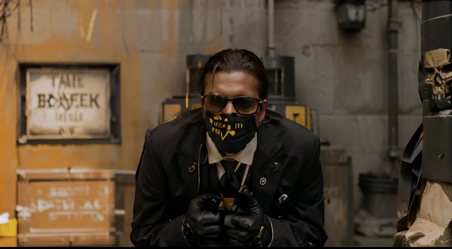 Man in suit wearing a black and yellow skull mask with black glasses wearing a bullet proof vest with sinister labeled on it