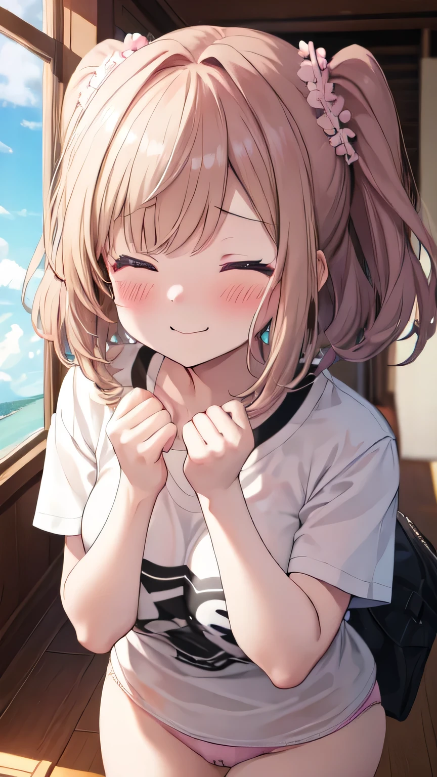 Very detailed、(8k, RAW Photos, highest quality, masterpiece:1.2), (Very detailed 8k wallpaper),shape、Professional Lighting,Sharp focus, Written boundary depth、
Browsing Caution、Clear Eyes、Perfect Anatomy、With a girl、blonde、、、、Chibi T-shirt、Micro Mini Skirt、、(blush:1.5),、,、Closed eyes,、imminent kiss,Her plump thighs are in full view、(Close up on face:1.2)、From above、(White panties:1.3)