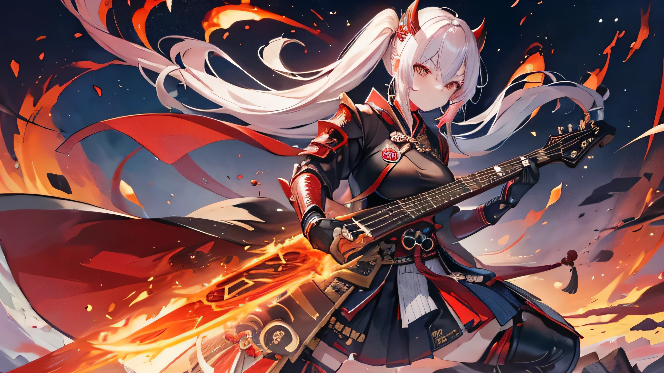 Full body close-up of a woman holding a guitar in the center of Tokyo, guitarist, demon samurai, Crimson Fire Head, Devil Samurai Warrior, Queen of Ashes, Tertleff Kaiser, Heavy Metal Art Style, Epic Samurai Warrior, Magical Flame Armor, Fire Mage、Tokyo、City、night、Japanese anime style