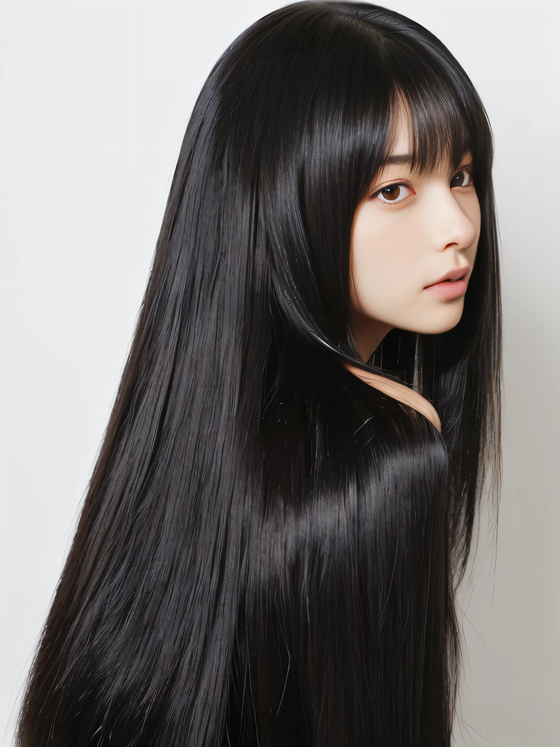 ((Random poses showing as much back and hair as possible:1.3)) ((Beautiful 18-year-old high school girl with long black hair, girl with super length Hair, extremely length Hair, extra length Hair, very long, Flowing Hair, very length Hair, length Hair girl, very long, Flowing black hair, length Hair windy, Very long black hair, length, Flowing Hair, length and curly hair, with length Hair, length Hair!!!! Stand in front of a mirror Her highest quality hair is long and straight., very long, highest quality black hair, length hair in the center, Highest quality long straight hair, length, straight, beautiful, High quality hair, length and free black highest quality straight hair, length Hair, length and straight, highest quality black hair, Perfect silky straight hair of the highest quality, straight, highest quality black hair, length black straight hair, length, Thin black hair Her hair is long and straight, very long black hair, length hair in the center, length straight hair, length, straight, beautiful hair of the highest quality, length Hair, length, straight black hair, length and free straight black hair, straight black hair)) (Her bangs are perfect.:1.3) (Pure white wall background:1.8. Photo of upper body from waist up) (Japan'The cutest 18 year old hair model) (She looks at the viewer with a very seductive expression...) ((highest quality)), ((masterpiece)), (Familiar) (Get used to it) Perfect Face (Her skin is a typical Japanese skin color.、And very detailed) (Big Breasts:1.3) (She is wearing a light blue skirt and a white blouse...) (She has a beautiful face and a slim figure..., Narrow eyes) (She has perfect beautiful makeup and face Lipstick is light red A solid eyeliner) ((Rich 1.4)) (Extremely detailed 8K) (Ultra-fine skin texture 1.4) (Actual, Vibrant:1.4), double eyelid Sharp focus:1.2、Beautiful woman:1.4 Dynamic Lighting (Genuine RAW photos taken by professional photographers) (Her long bangs、Well Organized) (Turn your whole body to the viewer) Professionally lit from the front (She has a bright and cheerful face) (Above the knee shot:1.6)