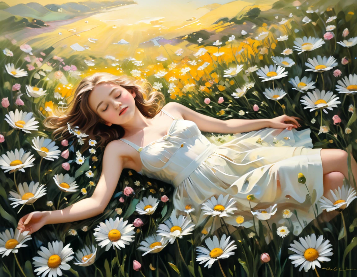 Capture the essence of pure serenity and natural beauty in an awe-inspiring oil painting that transports viewers into a dreamlike world where a girl finds solace amidst a sea of Paper Daisies.
Imagine a tranquil meadow bathed in the soft glow of the setting sun, where the vibrant hues of yellow, orange, and pink Paper Daisies stretch as far as the eye can see. Nestled among the blossoms lies a young girl, her figure draped in billowing fabric that mirrors the delicate petals of the flowers.
With a sense of peaceful abandon, the girl reclines gracefully among the daisies, her eyes closed in quiet contemplation. The warm golden light of the sun caresses her skin, casting a gentle radiance that illuminates her features and lends an ethereal quality to the scene.
The oil painting captures the intricate details of each individual Paper Daisy, from the delicate papery petals to the subtle variations in color and texture. Layers of thick, luscious oil paint are applied with masterful brushstrokes, creating depth and dimension that bring the flowers to life on the canvas.
In the distance, rolling hills rise and fall like waves on the horizon, their verdant slopes dotted with patches of wildflowers that dance in the breeze. A soft breeze rustles through the meadow, carrying with it the sweet scent of the daisies and the soft murmur of distant birdsong.
As the viewer gazes upon the painting, they are drawn into a state of tranquil reverie, enveloped by the beauty and tranquility of the natural world. "Golden Reverie" is not merely a painting—it is a sanctuary of peace and beauty, a refuge from the chaos of the world, and a reminder of the simple joys that lie in the embrace of nature.