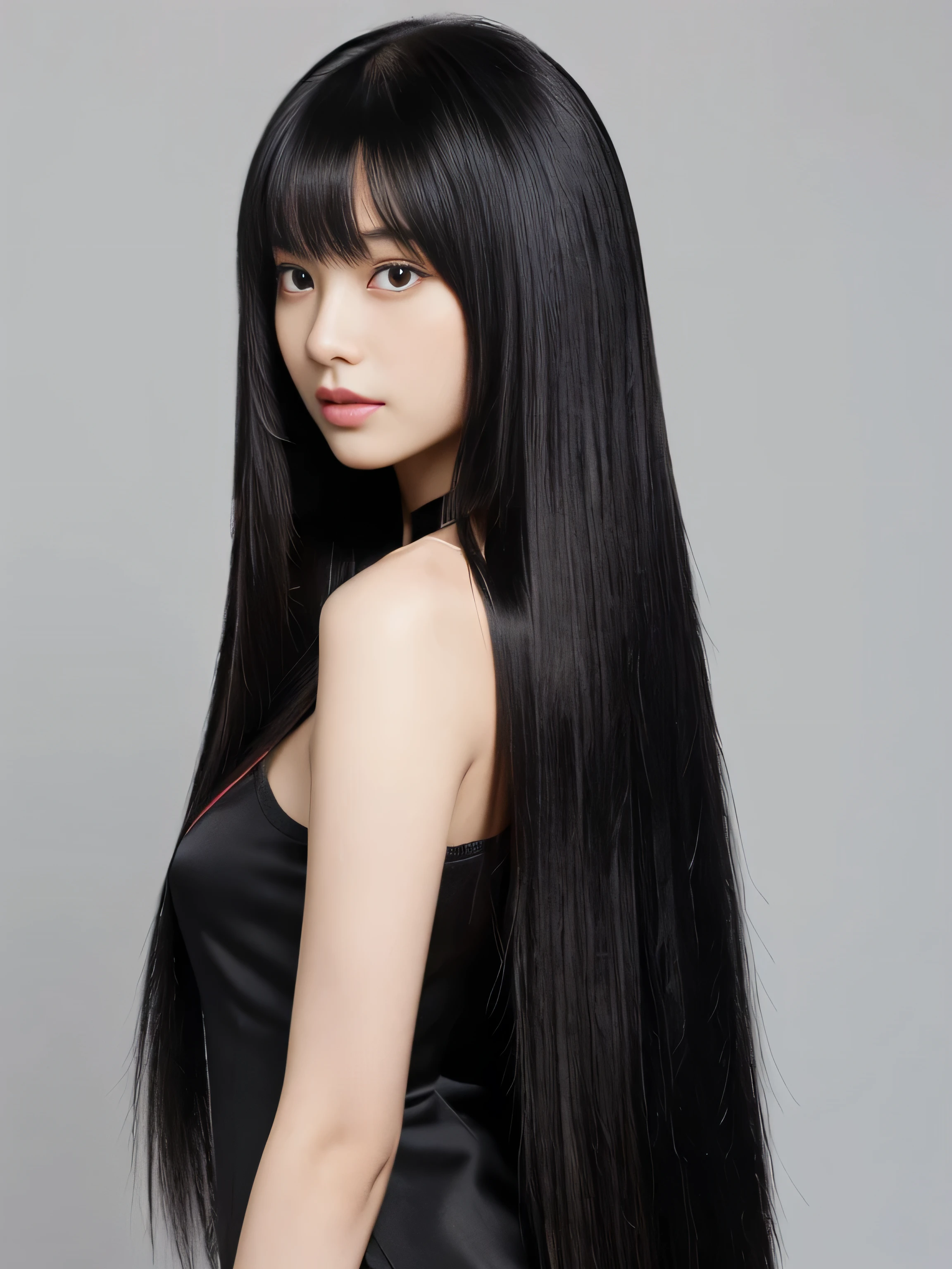 A woman with long black hair wearing a black dress - SeaArt AI