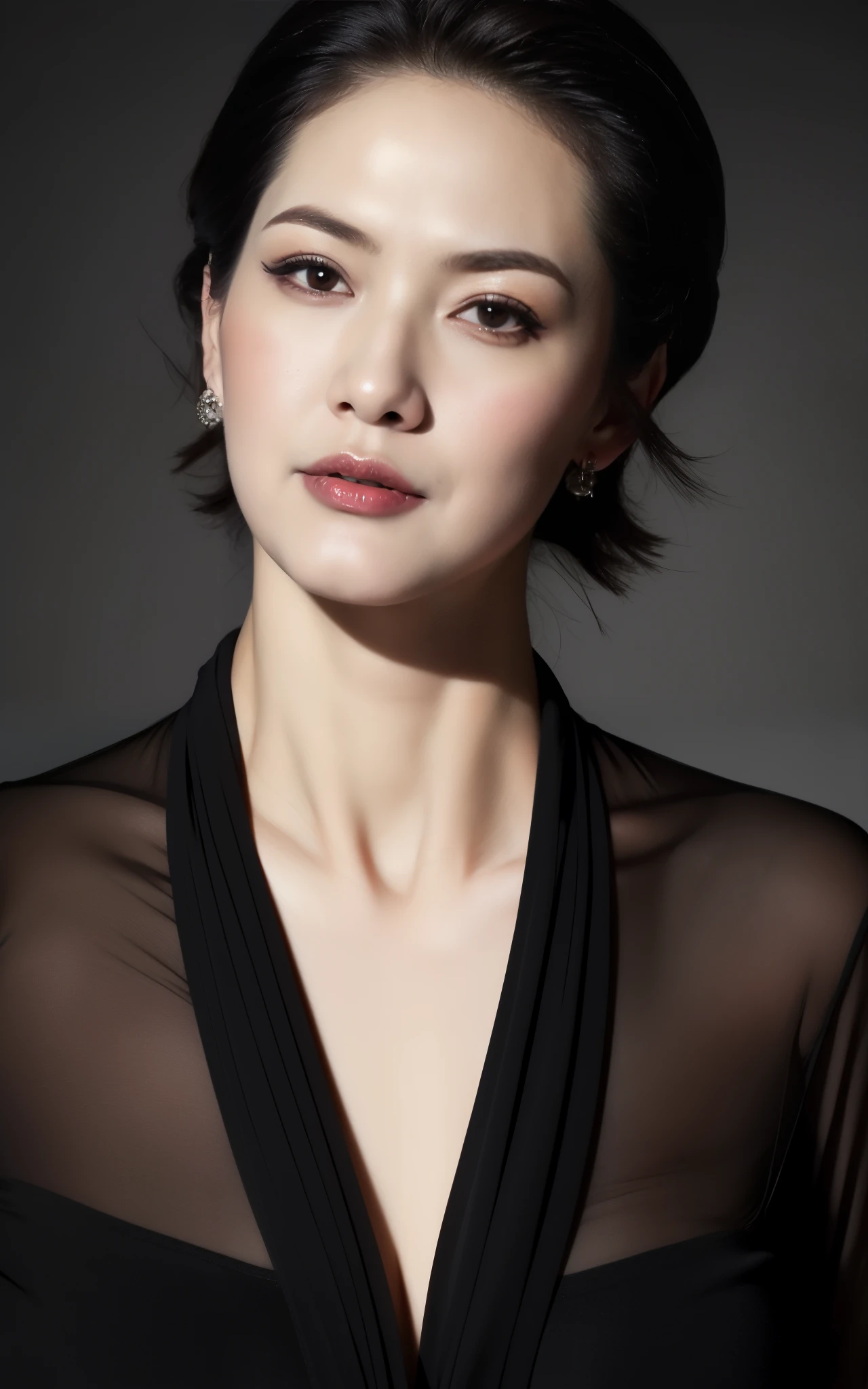 masterpiece,best quality, (one milf), ((portrait:1.5)), ((look down)), makeup:1.2, elegant raced black shirt, slicked back hair:1, ((seduction expression)),