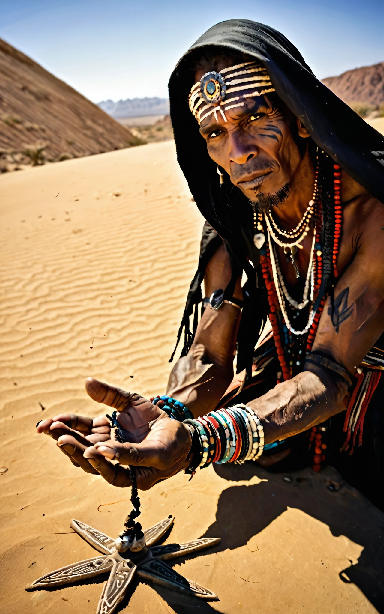 A sorcerer leaning towards the viewer,Wide-angle lens photography,Tribal,desert,Voodoo rituals,Ultra HD details