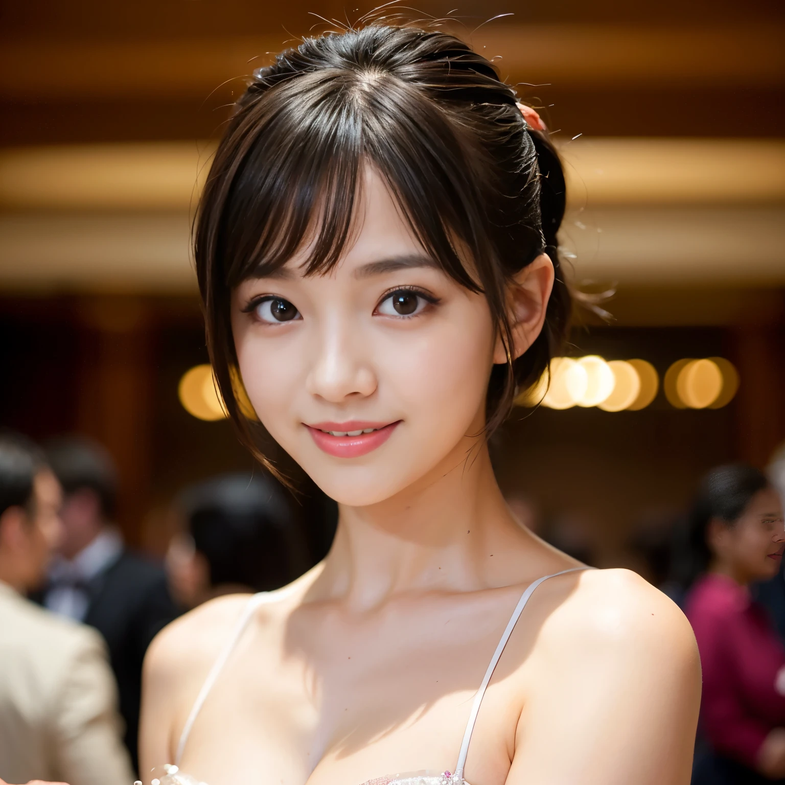 Best-quality, Masterpiece, Ultra-High-Resolution, (Photorealistic:1.4), Raw Photo, depth of field, professional lighting, perfect anatomy, extremely details, 1girl, Japanese idol, upper body, rampaging at party hall, wearing gorgeous evening-dress, (extremely cute face, ((extremely beautiful and extremely big eyes)), extremely beautiful short-cut-haired, extremely beautiful skins), realistic skin texture, extremely beautiful long-eyelashes, extremely beautiful lips, looking at viewer, innocent-smile, detailed party-hall, detailed gorgeous-evening-dress