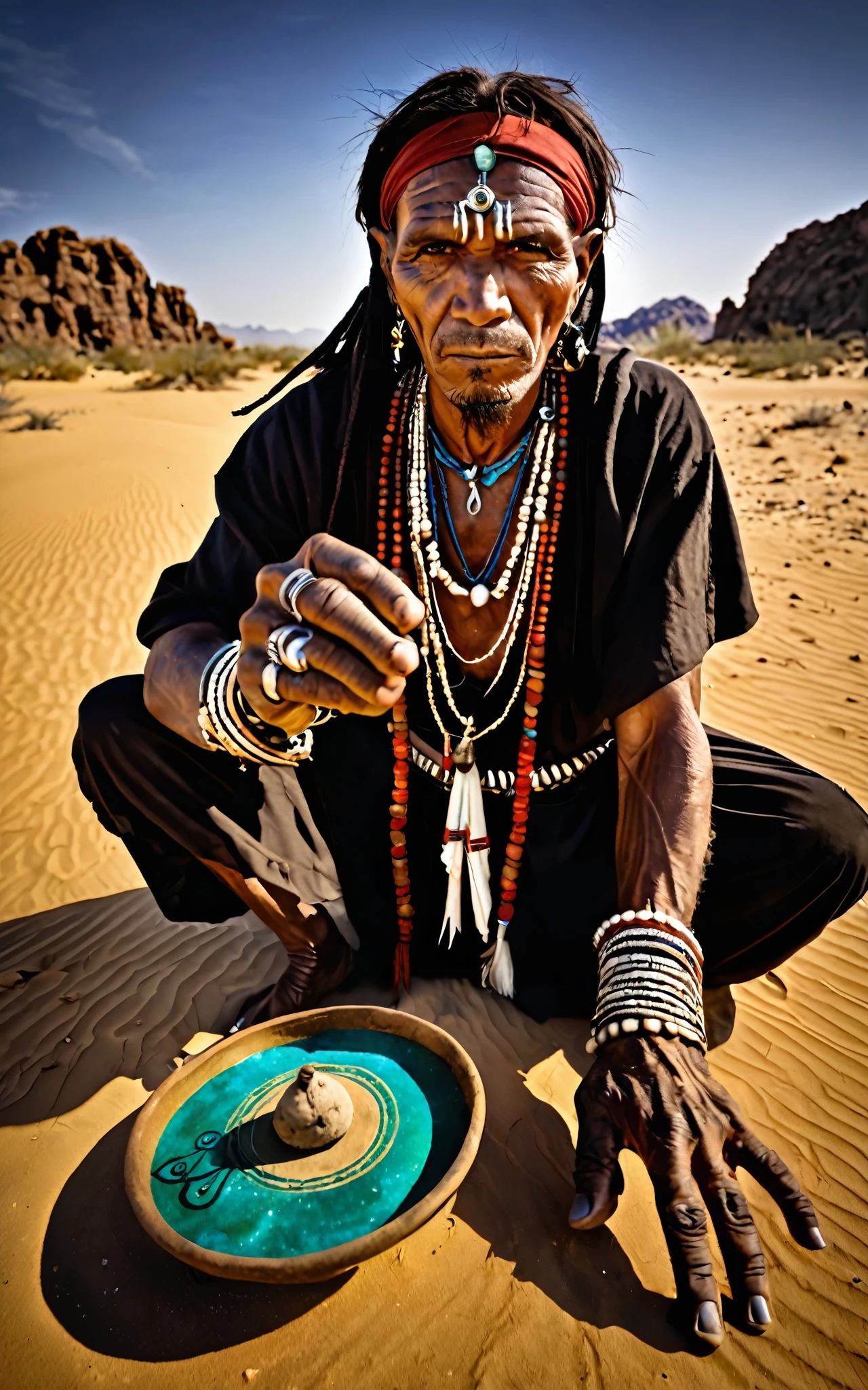 A sorcerer leaning towards the viewer,Wide-angle lens photography,Tribal,desert,Voodoo rituals,Ultra HD details