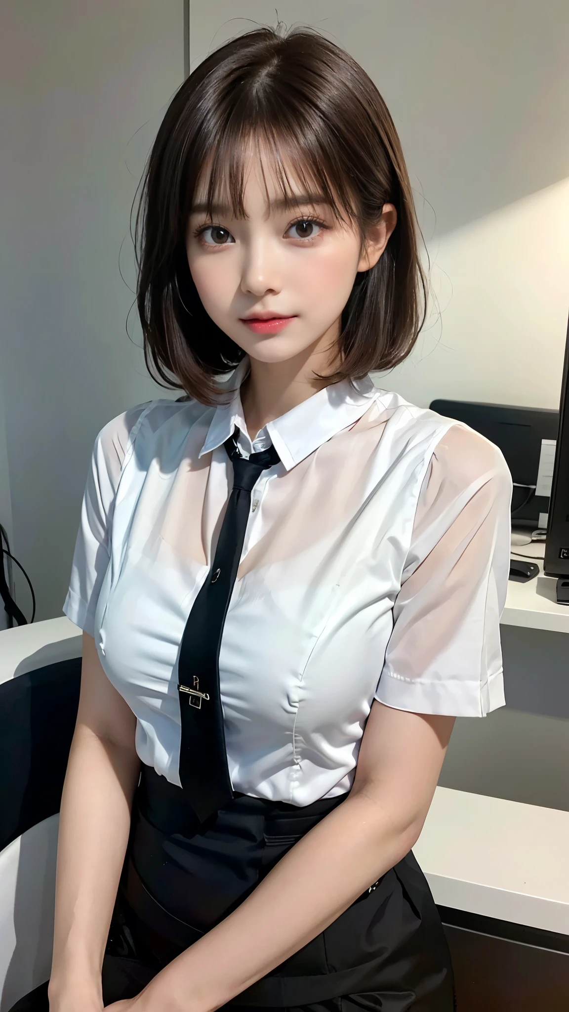 ((Company reception desk)), (desktop), (Beautiful girl receptionist:1.4), (Baby Face:1.4), Slender body line, Small and slender figure, (Beautiful breasts:1.3), (Push your chest up:1.5), (Neat and clean office lady uniform:1.5), tie, (Smooth and lustrous brown hair:1.2), (short hair), Silky straight hair, (Long side bangs:1.3), (Highly detailed eyes and face), (Beautiful, well-groomed eyes), (high nose), Lip gloss, (eye shadow:1.2), (Cheeks), Beautiful small face, View the viewer, (Highest quality, Ultra high definition, masterpiece:1.2, highest quality), (Sensual look:1.5), (Professional Lighting:1.2), (Accurate Shadows:1.2), (Photorealistic:1.3), (Detailed skin texture), (Beautiful whitening skin), (Sexy bra visible through clothes)