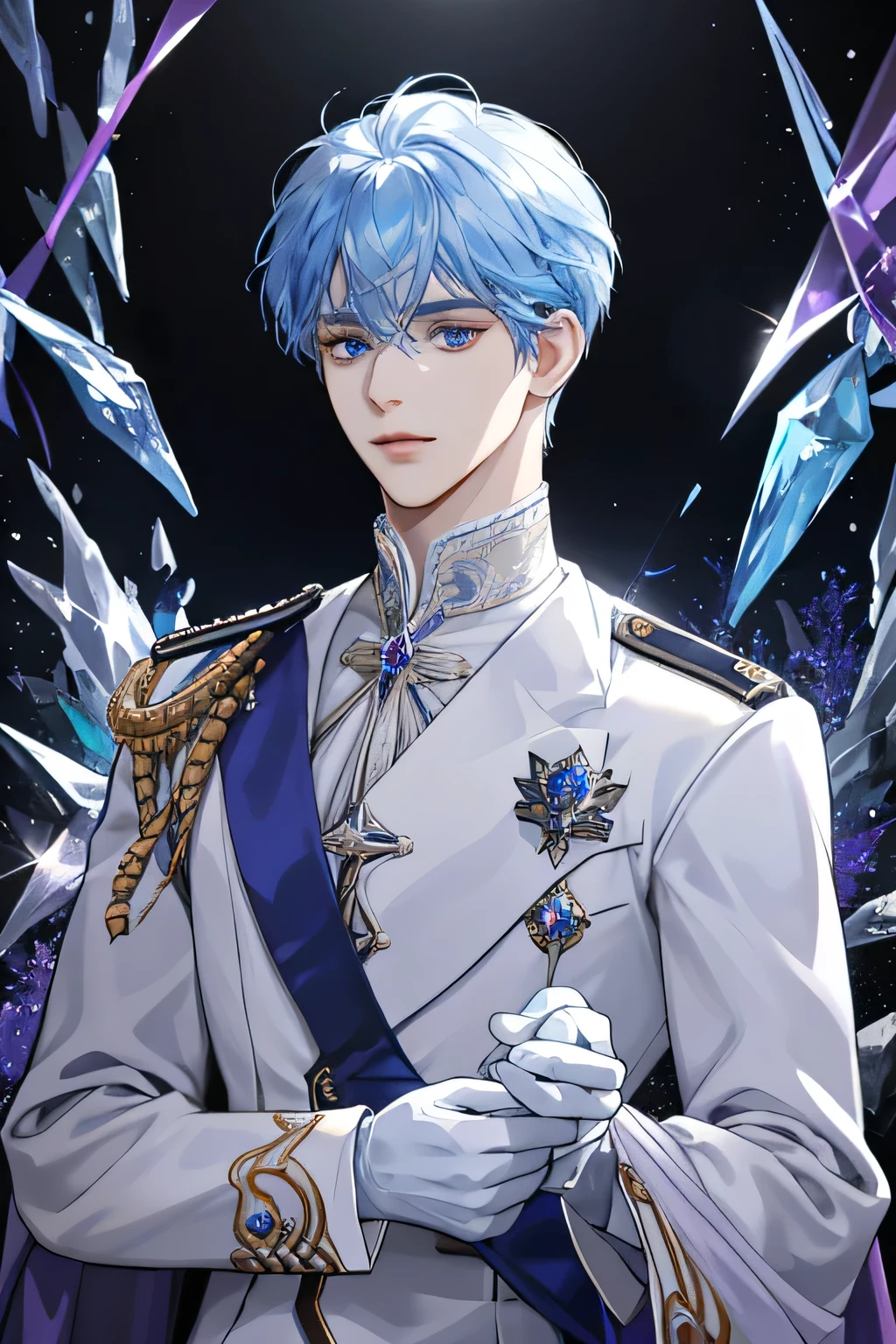Prince, Young Man, male, 1boy, mature male, manly, blue blood, crystal, gemstone, shine, shiny crystal, depicting delicate eyes, opal eyes, depicting delicate facial features, white uniform, white gloves, gothic style, ribbon, dark blue short curl hair, extreme detail, delicate depiction, light blue eyes, all colors except purple are low saturation, Only purple is the most conspicuous, royal, elegant, noble, royal dress