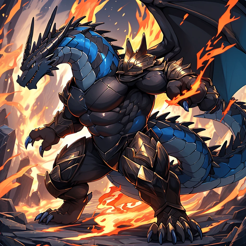 (The violent and powerful black dragon, the strong dragon，Wearing modern black and gold armor：55)，(Large dragon body，Majestic wingspan，Sharp dragon claws，Thick dragon tail：2)，Strong physique，(Blue Dragon Flame：2)，Overwhelming presence，Full body picture，Very detailed，4k HD