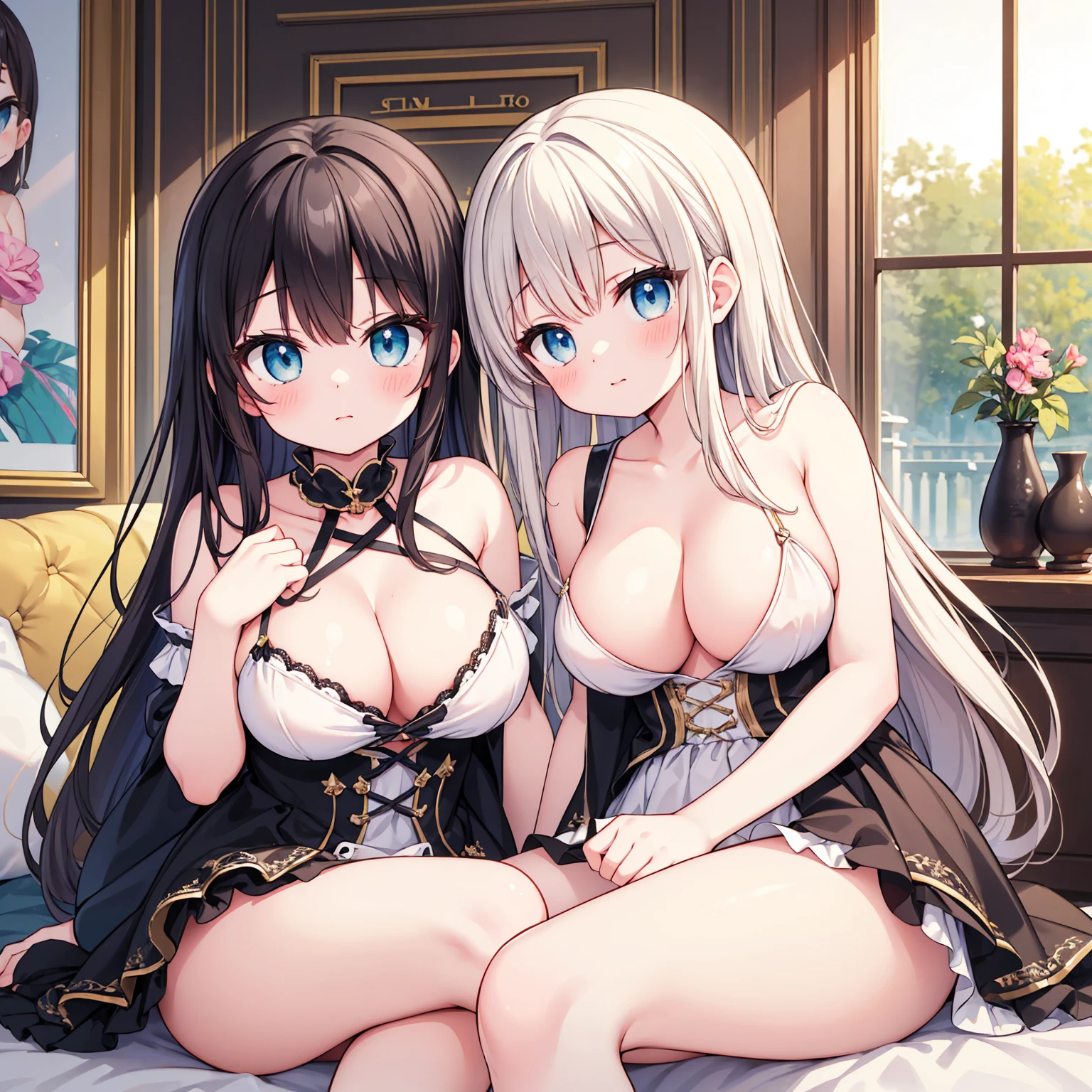 (masterpiece:1.4), (highest quality:1.4),Cute beautiful girl、Cute beautiful eyes、 (Perfect Face)、very cute、Large Breasts、Kissing Face、Large areola、Girl sitting、naked