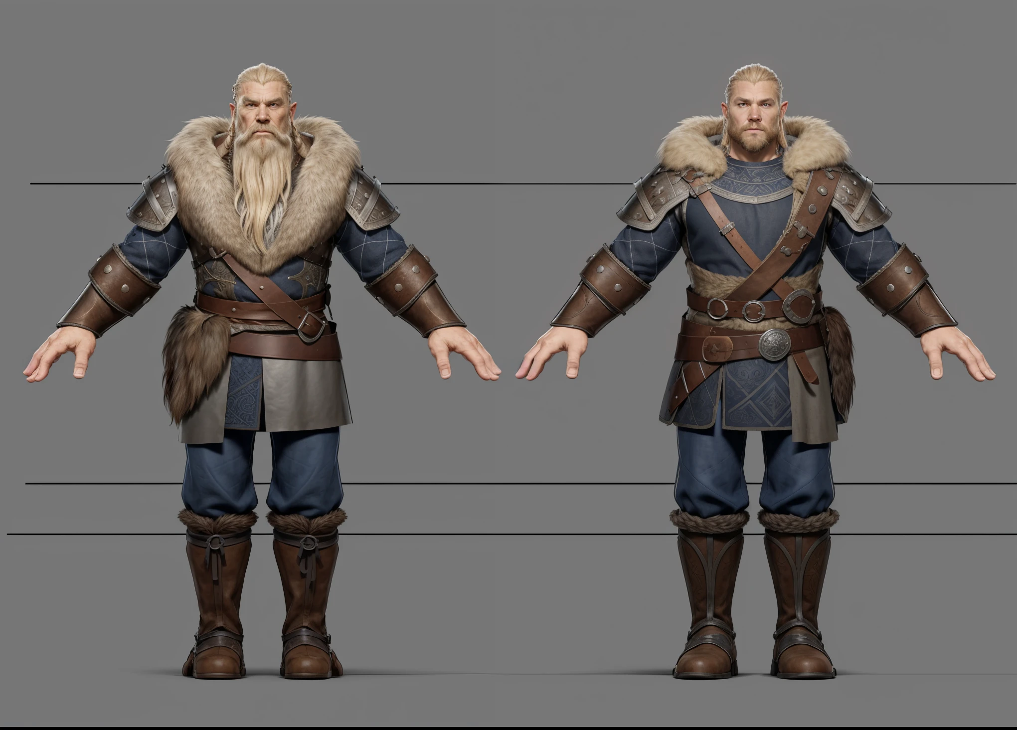 ( Realistic:1.33),(masterpiece:1.1),(highest quality:1.1),(HDR:1) a close up of a Tall Viking man with gambeson fur coat , detailed body armor, old Cuirass engraved steel, intricate designs on the Cuirass, intricate Cuirass, full body concept, detailed full body concept, old man Viking with a long braid, Viking style, Viking protective, Portrait of a Viking, Viking warrior, Viking culture, Nordic warrior, Viking costume, Ancient Viking warrior, Elven blond warrior, Epic Viking king , wearing Viking clothing, male Viking, with Machado, Nordic inspiration, Viking and Templar aesthetics, full body character concept,costume concept design, full body details, detailed full body concept art, full character body, character model sheet turnaround, fullbody shot turnaround, concept character sheet, full body concept art, reference model sheet , full body concept art, RPG style character, game character design, 3d character reference sheet, video game character concept, detailed character design, character sheet, [ character model sheet turnaround ], front and back, ((front and back)), grey clean background, 3D character, leather belt, leather, leather armband, black leather boots with silver engraved, ((gambeson blue cloth)) , (viking warrior), ((barbarian)),(((wide chest)), leather waist armor, black shirt and trousers, leather shoulder armor, ((leather body cuirass)), ((gambeson cloth))
