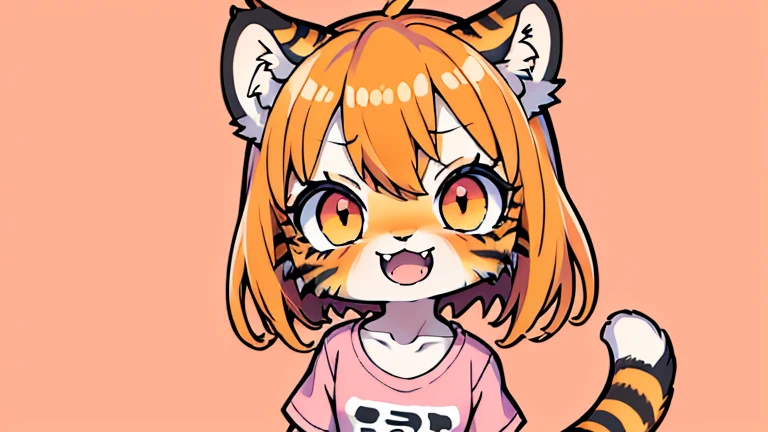 (masterpiece, High quality, Best quality, 8k, High resolution), ((chibii style, chibi cute)), (solo, 1  girl), {tiger girl, tiger face, 2 fangs, long eyelashes, eyeliner} {tiger whiskers}, (((Tiger skin all over the body, Tiger stripes on the body))), (orange hair), short hair, hair clip, [[hair clip white flower on hair]], ((very happy)), ((open mouth)), orange eyes, [black pupile], ((looking up)), (very small breasts), thin arms, (one Arm up, one arm down), armpits, ((mini pink T-shirt, full pink T-shirt)), {white shorts}, {{{mini tiger Tail, Tail on the back}}}, (full body), (((standing, jumping chopped angle))), dynamic pose, white background, simple background, ((((Tora-chan no Hanayome style)))), (old anime 40s style), anime style, anime color.