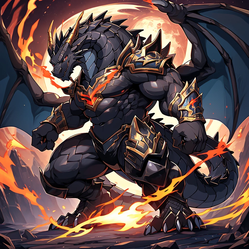 (The tyrannical and powerful Black Dragon King,Wearing modern black and gold armor:55),(Large dragon body,Majestic wingspan,Sharp dragon claws,Thick dragon tail:2),The huge black dragon king,Strong physique,(Blue Dragon Flame:2),Blood Moon,Overwhelming presence,Full body picture,Very detailed,4k HD