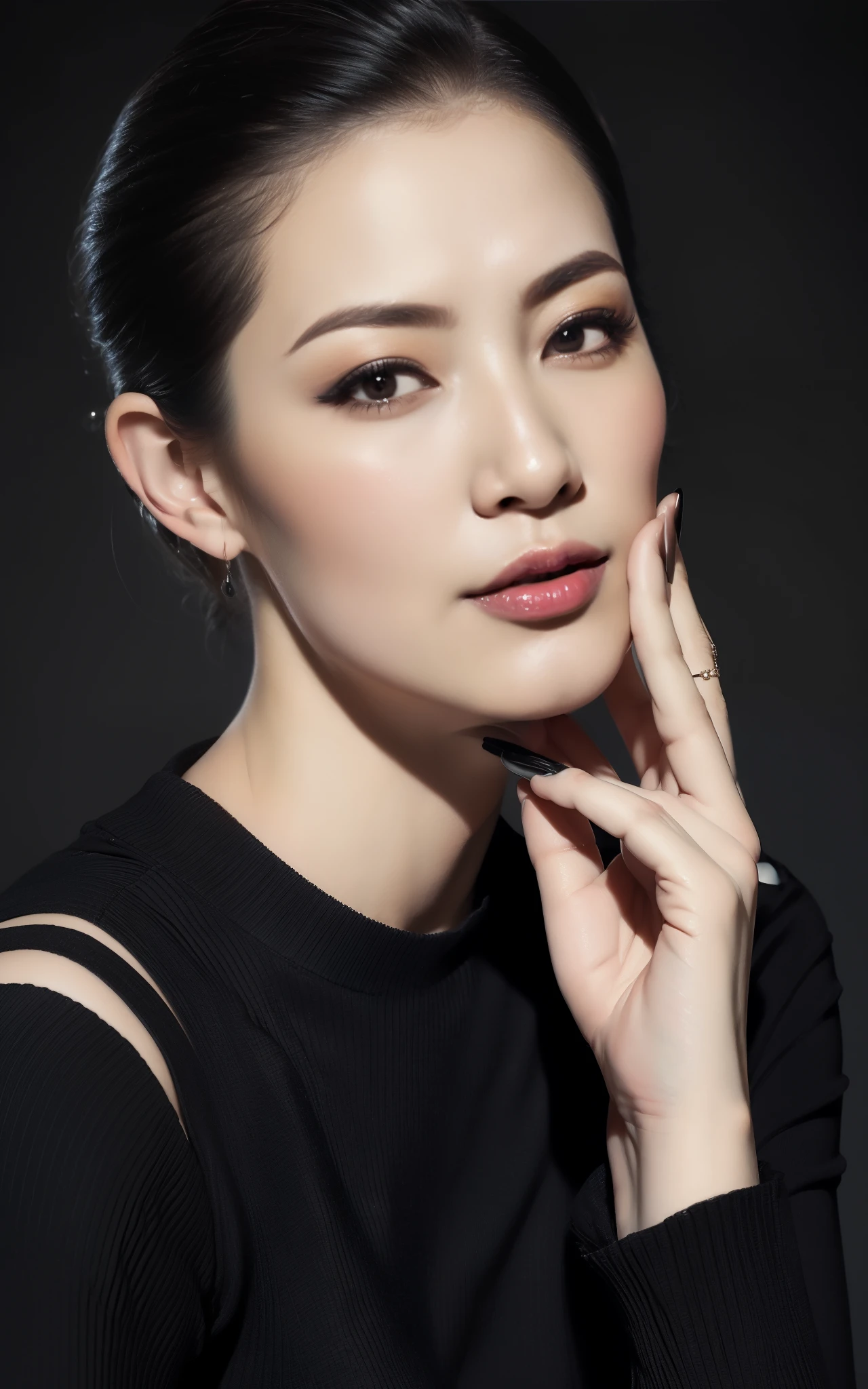 masterpiece,best quality, (one milf), ((portrait:1.5)), ((look down)), makeup:1.2, elegant raced black shirt, slicked back hair:1, ((seduction expression)),