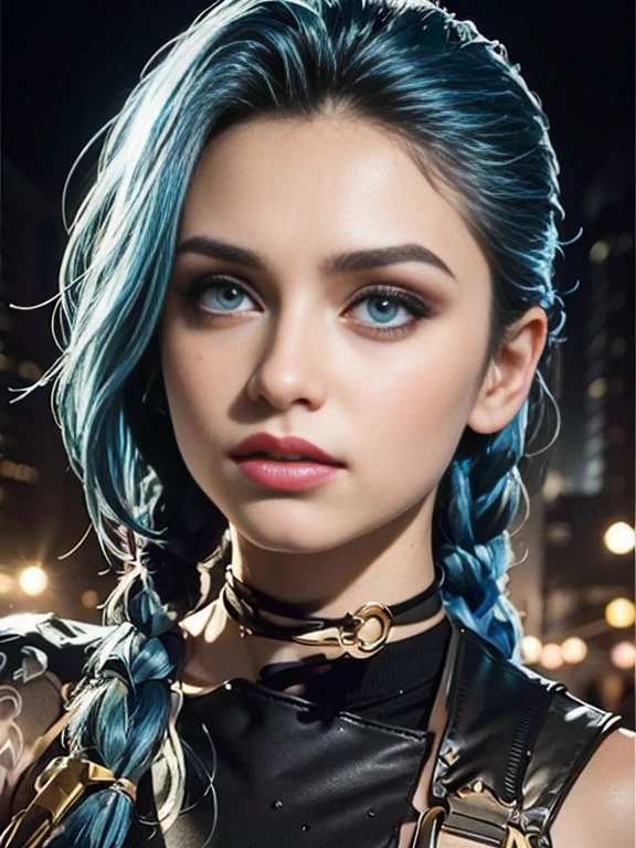 ((Best quality)), ((masterpiece)), (standing:1.3), (highly detailed face:1.3), (higly detailed eyes:1.5), In the dark and gritty dystopian city Piltover, (JinxLol:1.3), (ultra photorealistic:1.3), (masterpiece:1.4), best quality, ((realistic)), high quality, ultra detailed, ((Real picture)), ((realistic skin)), ((realistic face)), (best quality:1.1), (illustration:1.05), (1girl:1.05), (beautiful:1.05), (beautiful detailed eyes:1.05), (cinematic light:1.1), light blue highlights, (full body)