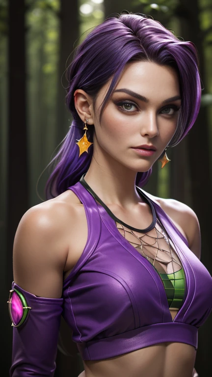 photo of celebrity, RAW, beautiful woman, ((portrait)), ((detailed face, colorful rainbow hair:1.2)), ((detailed facial feature, detailed skin, clear skin, parted lips), (perfect proportioned body, medium breasts), ((wearing a Starfire cosplay, purple crop top, jewelry green, bare shoulders: 1.5)), (high detailed dark forest: 1.3), (realistic photo, best quality, detailed), (8k wallpaper), (cinematic lighting, dramatic lighting) (sharp focus, intricate)