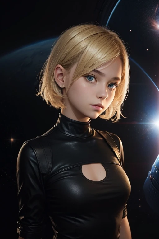 Portrait of a age girl. Her hair is short and blonde. She is wearing a tight little black top and bottom. The background is a space city.