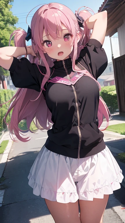 masterpiece、highest quality、Very detailed、Photograph the upper body、1 female、(Put your arms behind your back:1.4)、Are standing、Turn your body forward、View your viewers、(Cape)、break,blush、shy、Pink Hair、Open your mouth、In town、Big Breasts、