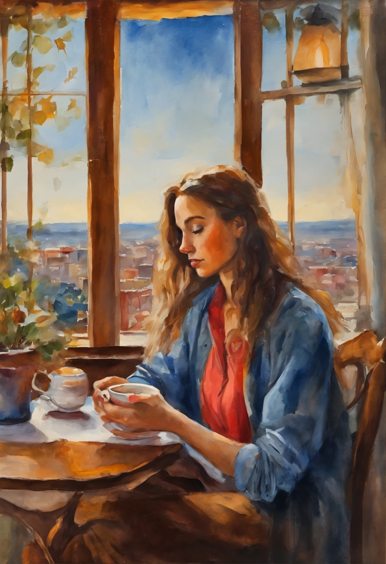 an oil painting with many bright colors on a white canvas, UHD, masterpiece, A young girl is sitting in a cafe, enjoying a cup of coffee. He wore blue jeans, a denim jacket, and red sneakers. Her hair is long and black, and she has big brown eyes. This cafe has large windows overlooking the city. The sun was setting over the horizon, and the sky was filled with bright colors. The girl looked pensive, enjoying this quiet moment.