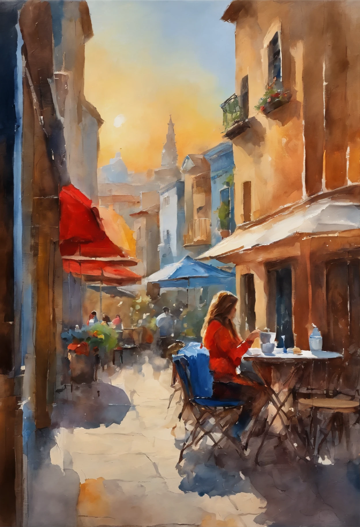 an oil painting with many bright colors on a white canvas, UHD, masterpiece, A young girl is sitting in a cafe, enjoying a cup of coffee. He wore blue jeans, a denim jacket, and red sneakers. Her hair is long and black, and she has big brown eyes. This cafe has large windows overlooking the city. The sun was setting over the horizon, and the sky was filled with bright colors. The girl looked pensive, enjoying this quiet moment.