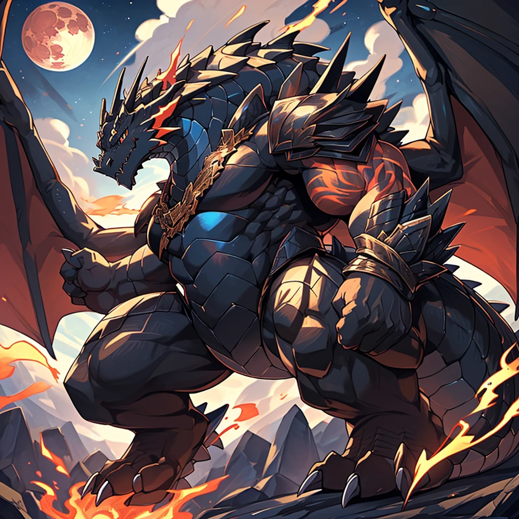 (The tyrannical and powerful Black Dragon King，Wearing modern black and gold armor：100)，(Large dragon body，Majestic wingspan，Sharp dragon claws，Thick dragon tail，The huge black dragon king，Huge dragon claw：2)，Strong physique，(Blue Dragon Flame：2)，Blood Moon，Mounts，Full body picture，Very detailed，4k HD