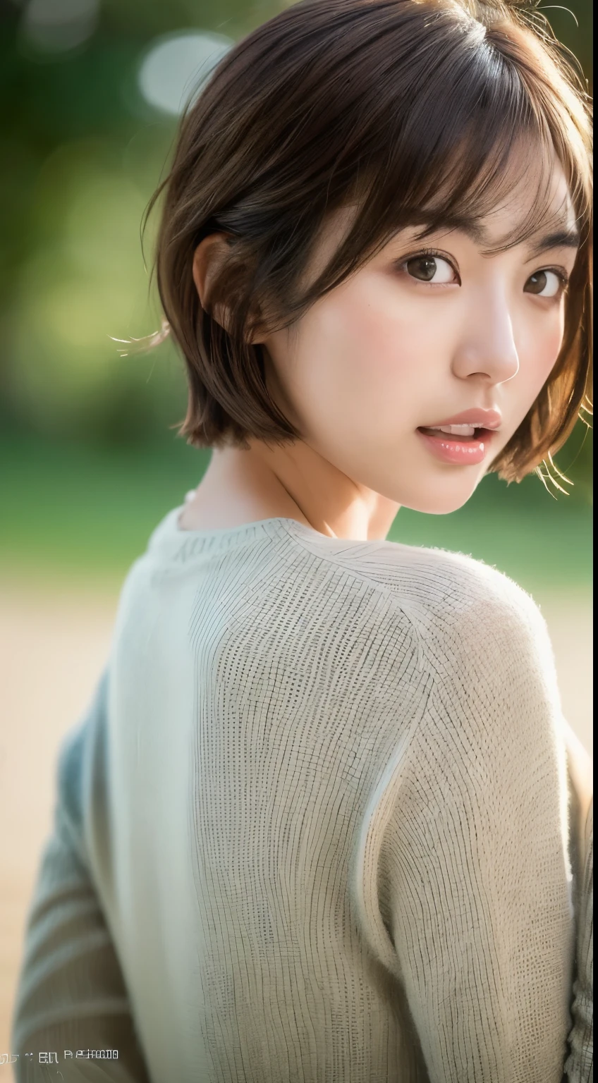 Short Hair Outdoor Fair Skin Disheveled Hair Open Mouth Japan Woman, Super Cute, Soft and Face, Brown Hair, 8K Resolution, Ultra Realistic, Super Definition, Soft Body Toned Ass Night, A Cup Small ((Highest Definition, 8k, Masterpiece: 1.3)), Super Definition Face, Super Definition Lips, Fine Eyes, Double Eyelids