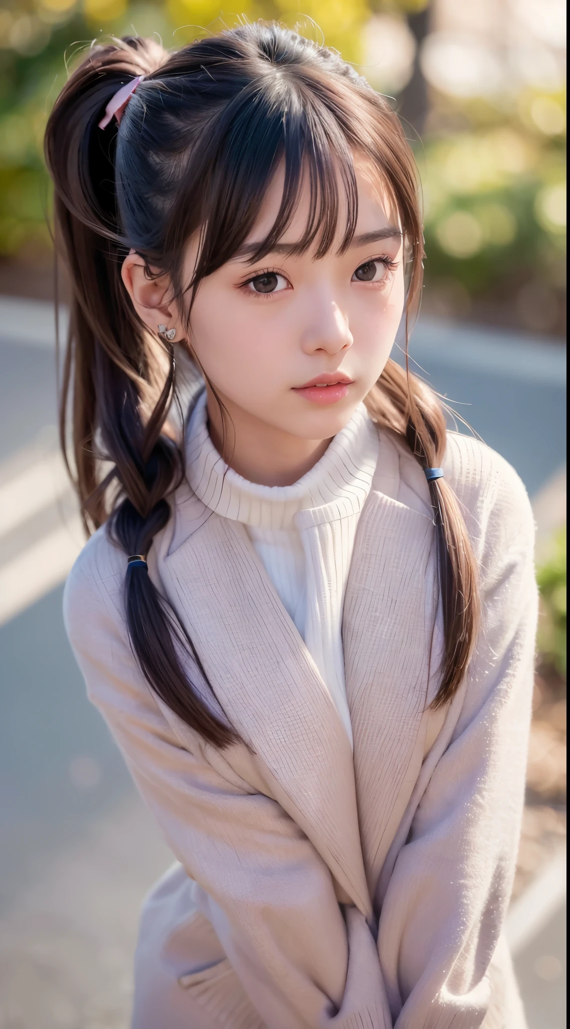 blush,Long hair ponytail,A big ribbon in her hair,(8k, RAW Photos, highest quality, Pieces fly:1.2), (reality, Realistic:1.4), (Highly detailed 8k wallpaper), Sharp focus, Depth of written border, Cinema Lighting, Soft Light, Detailed beauty eyes,Shiny and smooth light brown ponytail, Asymmetrical bangs, Shiny skin, Highly detailed skin ,High resolution, Attention to detail, Detailed hairstyle, Detailed beautiful face, Hyper Real, Perfect limbs, Perfect Anatomy ,1 Japanese girl,Famous Japanese Idols, Perfect female body,A shy smile,short eyelashes,double eyelid,Look straight here,Hairstyle: Ponytail,Attach a ribbon, office,Long ponytail hairstyles,Wear a scrunchie,Wearing a long coat,Street,Stand up straight and pose,The whole body becomes visible,winter,Warm clothes,look straight at me,Wear a scarf,It's snowing,Wear a black long-sleeved coat,European cityscape,Cobblestone Street,A European church can be seen in the background.,In front of a European church,Dusk time,The lights are shining