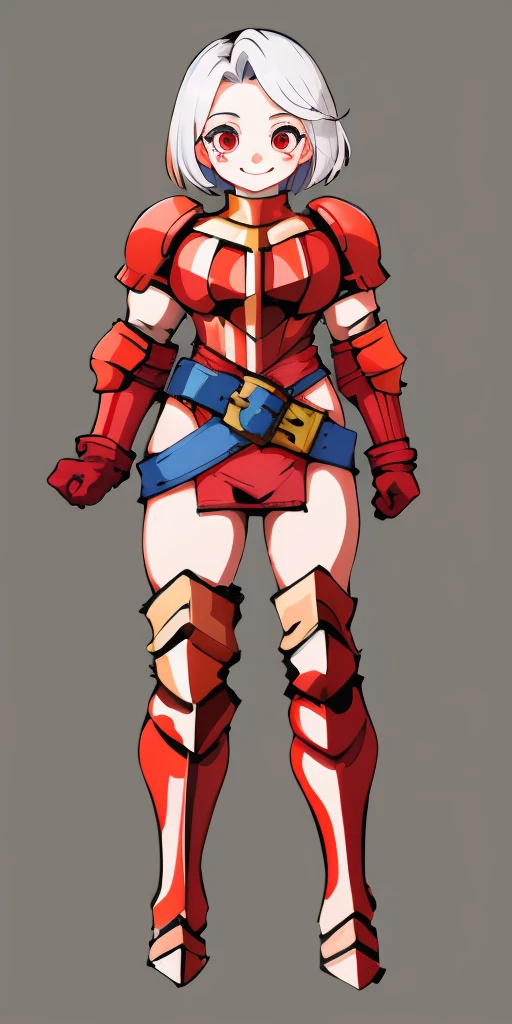 (masterpiece, best quality, 4k, 1girlsolo, 1MILF, mmplatz, smile, red cheeks, plain background:1.2) perfect face, perfect lighting, mature whsororitas with gloves red gauntlets in her hands like Cammy White from Street Fighter, bob white hair, warhammer 40k power armor suit with loincloth, red eyes like rubies, full body RED armor, view from below, looking to the viewer, arms to the sides empty hands, RED military boots, silver skull ornament attached to crossing 2 belt wide hips, 2 long legs, Female Knight (Final Fantasy Tactics)