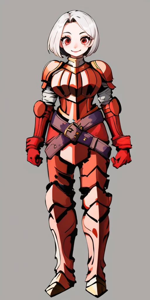 (masterpiece, best quality, 4k, 1girlsolo, 1MILF, mmplatz, smile, red cheeks, plain background:1.2) perfect face, perfect lighting, mature whsororitas with gloves red gauntlets in her hands like Cammy White from Street Fighter, bob white hair, warhammer 40k power armor suit with loincloth, red eyes like rubies, full body RED armor, view from below, looking to the viewer, arms to the sides empty hands, RED military boots, silver skull ornament attached to crossing 2 belt wide hips, 2 long legs, Female Knight (Final Fantasy Tactics)