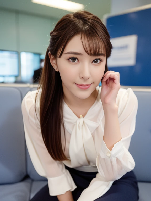 ((highest quality, 8K, masterpiece: 1.3, Raw photo)), Sharp Focus: 1.4, (1 AESPA Girl :1.1), Solo, (Realistic, Photorealistic: 1.5), (Face Focus: 1.2), Cute face, square face, hyperdetailed face, (short messy hair), (updo: 1.2), Small breasts, flat chest, nude, (flight attendant uniform, panties: 1.2), Meticulous beautiful flight attendant outfit, Thigh, sitting, airport, terminal, Restricted cap, from below