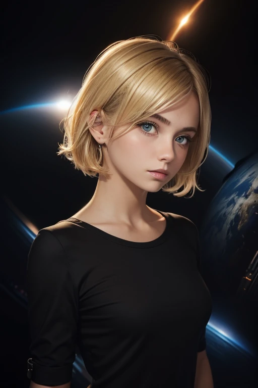 Portrait of a age girl. Her hair is short and blonde. She is wearing a tight little black leather top and bottom. The background is a space city.