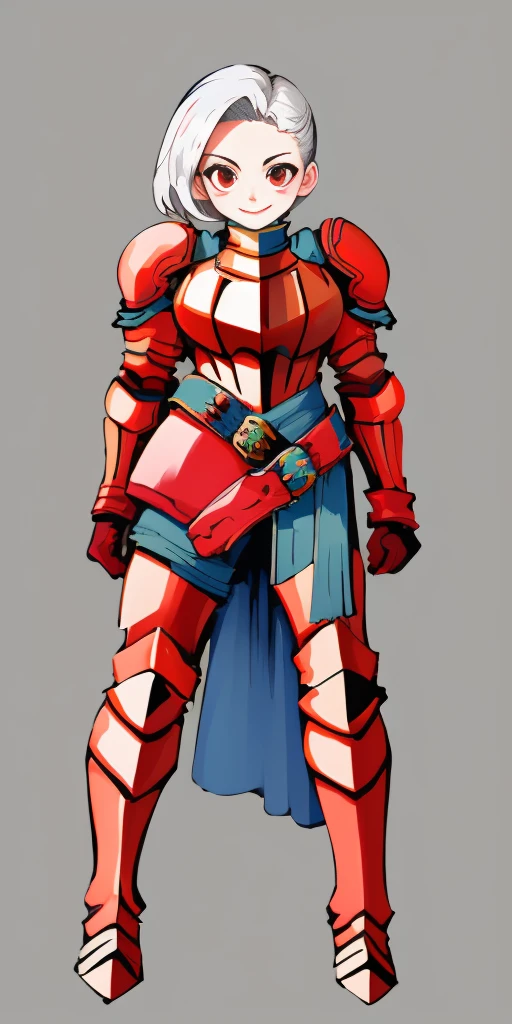 (masterpiece, best quality, 4k, 1girlsolo, 1MILF, mmplatz, smile, red cheeks, plain background:1.2) perfect face, perfect lighting, mature whsororitas with gloves red gauntlets in her hands like Cammy White from Street Fighter, bob white hair, warhammer 40k power armor suit with loincloth, red eyes like rubies, full body RED armor, view from below, looking to the viewer, arms to the sides empty hands, RED military boots, silver skull ornament attached to crossing 2 belt wide hips, 2 long legs, Female Knight (Final Fantasy Tactics)