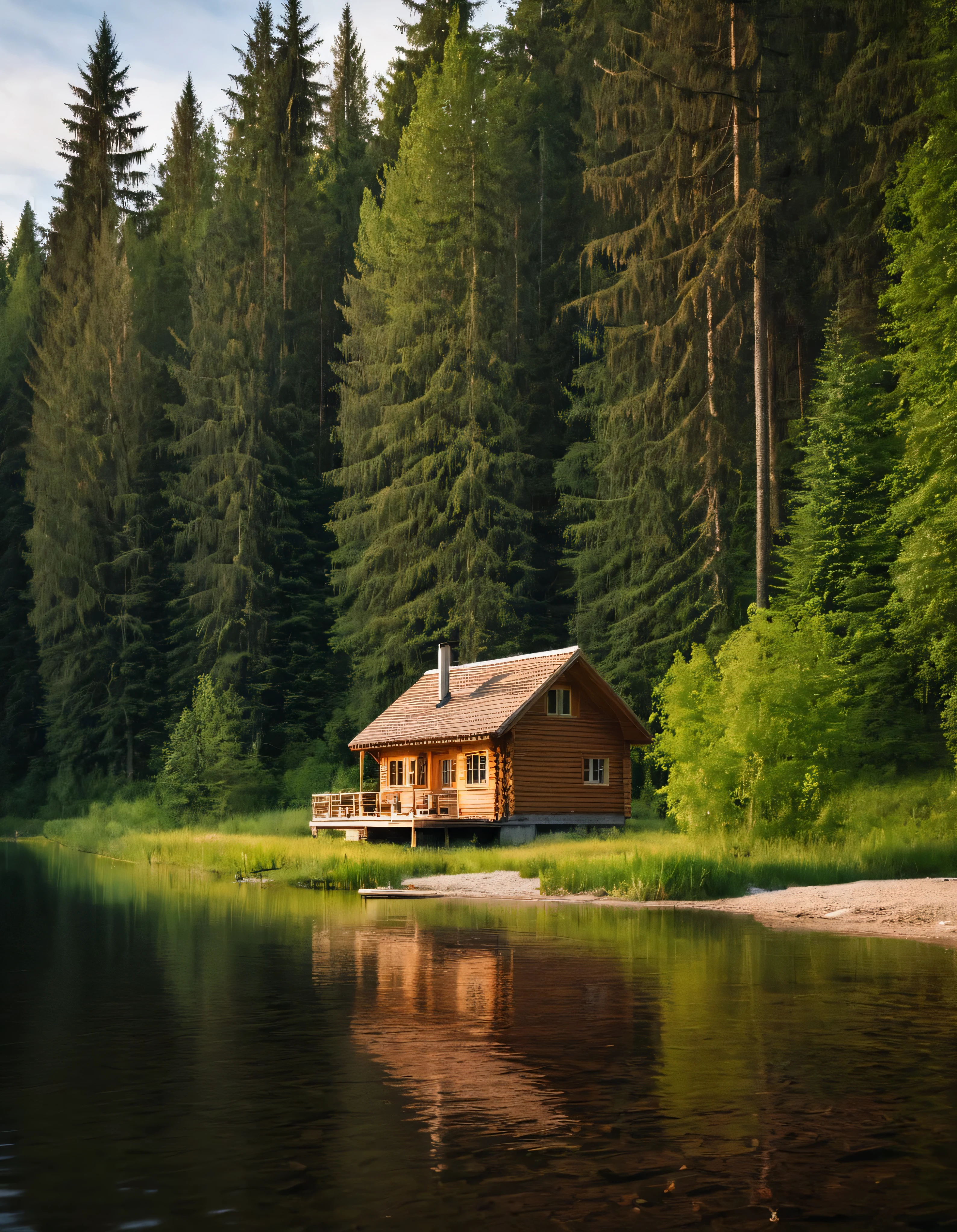 there is a cabin on the shore of a river with a boat in the water, wood cabin in distance, house in forest, cabin in the woods, cottage in the forest, river running past the cottage, wooden cottage, beautiful house on a forest path, cottage in the woods, build in a forest near of a lake, solitary cottage in the woods, log cabin