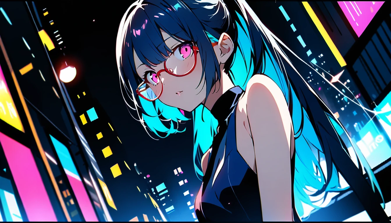 (best quality, 4k),((one girl, skinny body,  size, short hair, high ponytail hairstyle, dark blue outer hair, (cyan inner hair), pink eyes, wears contact glasses)). (city nights background) 