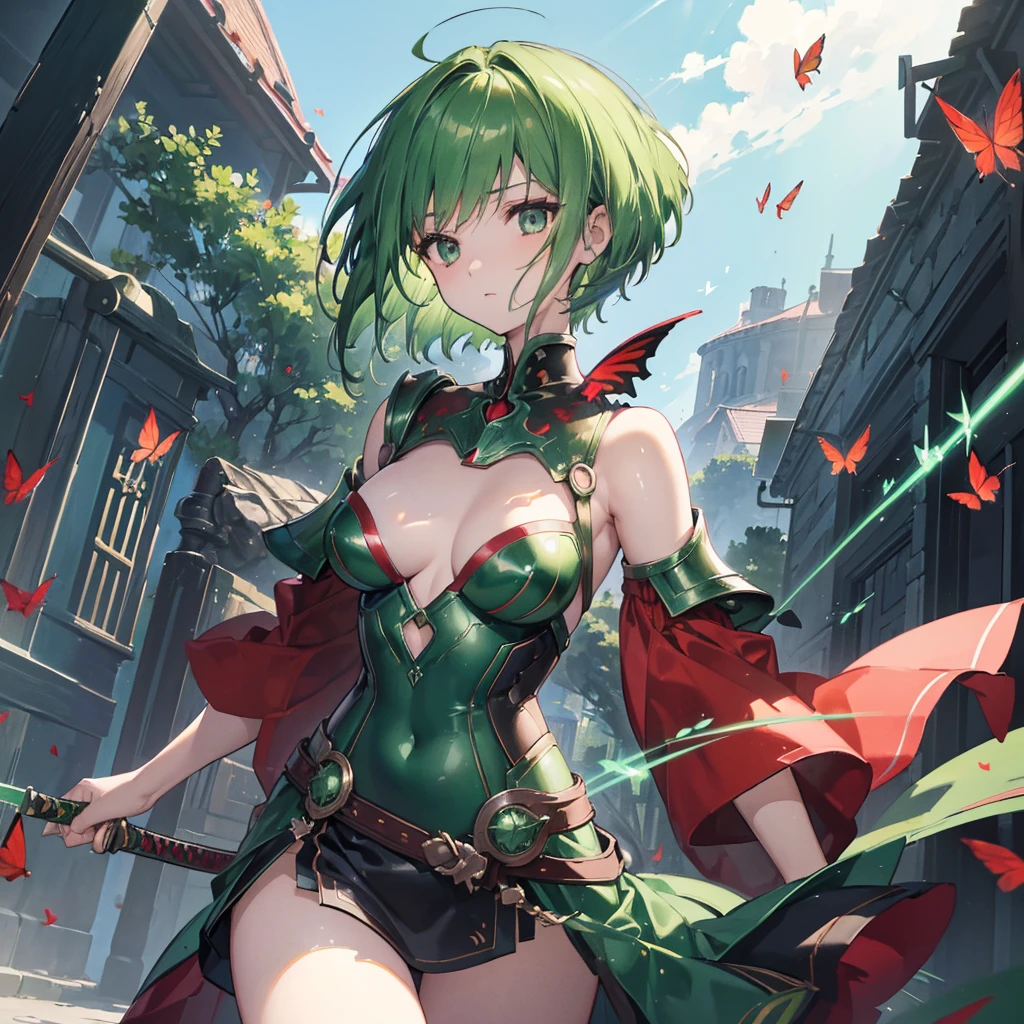 ((high resolution Green Hair Short Hair Iron Armor Goddess of victory Lonely despair)) ((Red butterfly night Western style chest Shining Aura In town)) (Big feather Dance Blade of Light Holding a sword Slashing) night moon star Slashing Catch the wind