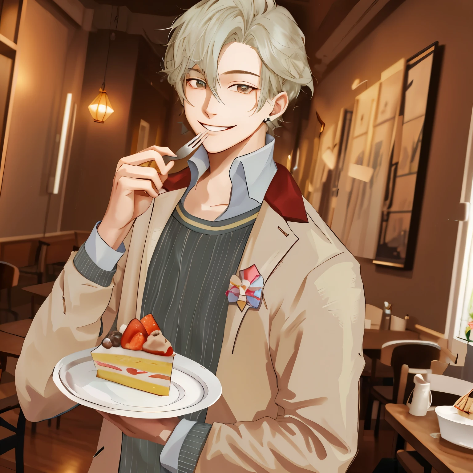 A boy smiling while holding a plate with a piece of cake and a fork, um jovem com cabelo cor clara, estilo anime, roupas casuais, slender constitution, homem jovem, jovem magro, homem humilde, gosta de bolo, homem gentil