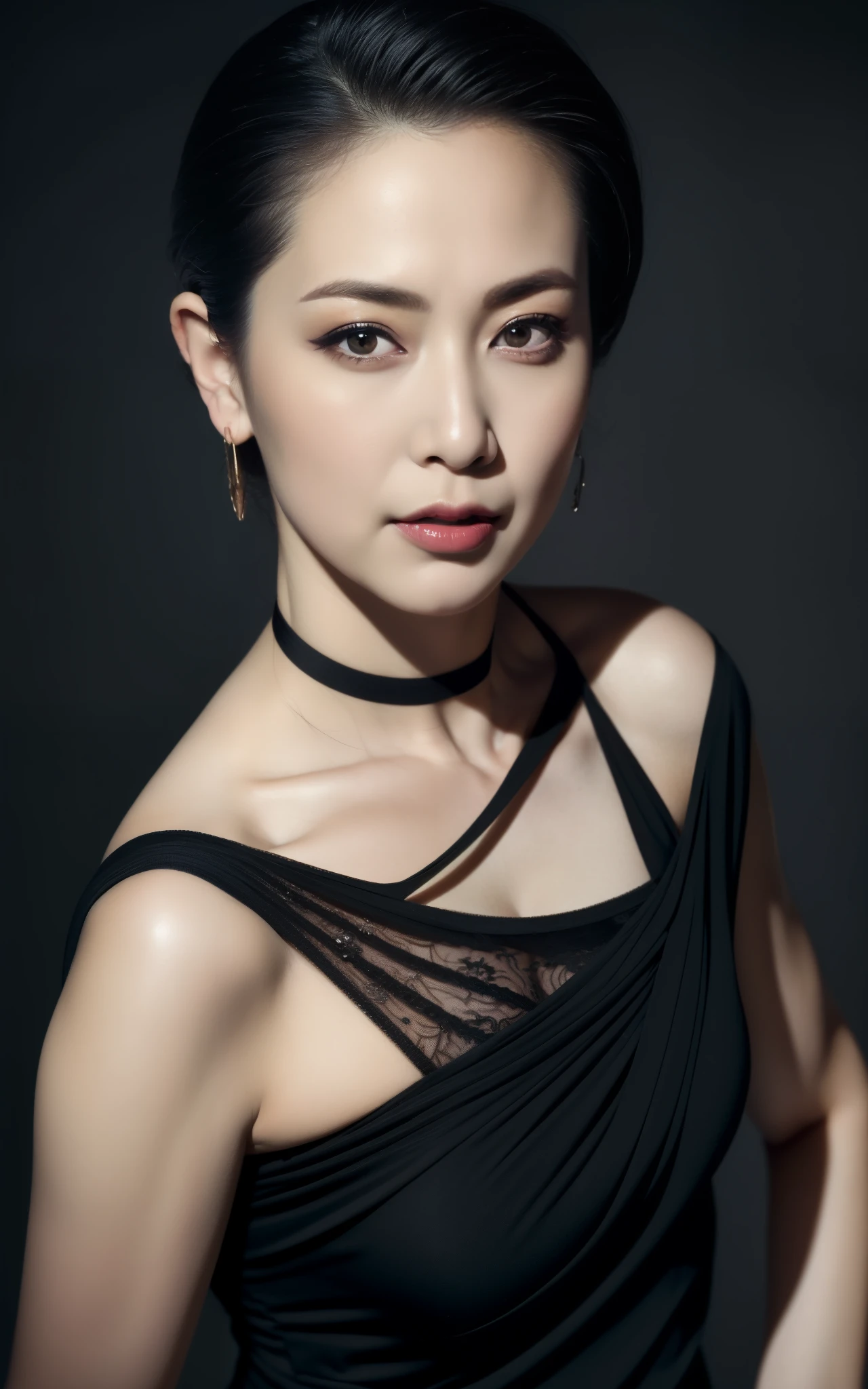 masterpiece,best quality, (one milf), ((portrait:1.5)), ((look down)), makeup:1.2, elegant raced black shirt, slicked back hair:1, ((seduction expression)),