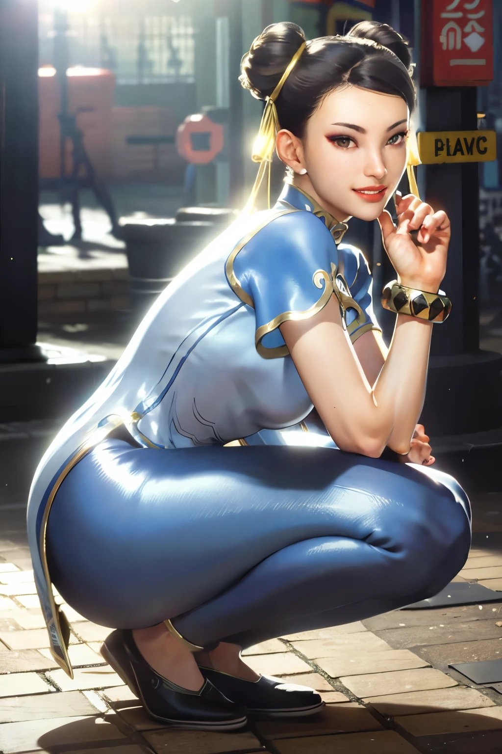 realistic, realism, photorealism, photo-realistic, high contrast, (photorealistic:1.4), 8k high definition detailed realistic, (best quality, masterpiece:1.2),  photon mapping, radiosity, physically-based rendering, best quality, highly detailed, 1girl, sfchunli, brown eyes, outdoor, street, city, daytime, cloudy, sunny, flare, outdoor, street, city, daytime, cloudy, sunny, flare,outdoor, street, city, daytime, cloudy, sunny, flare,outdoor, street, city, daytime, cloudy, sunny, flare, squatting, smiling, full body view