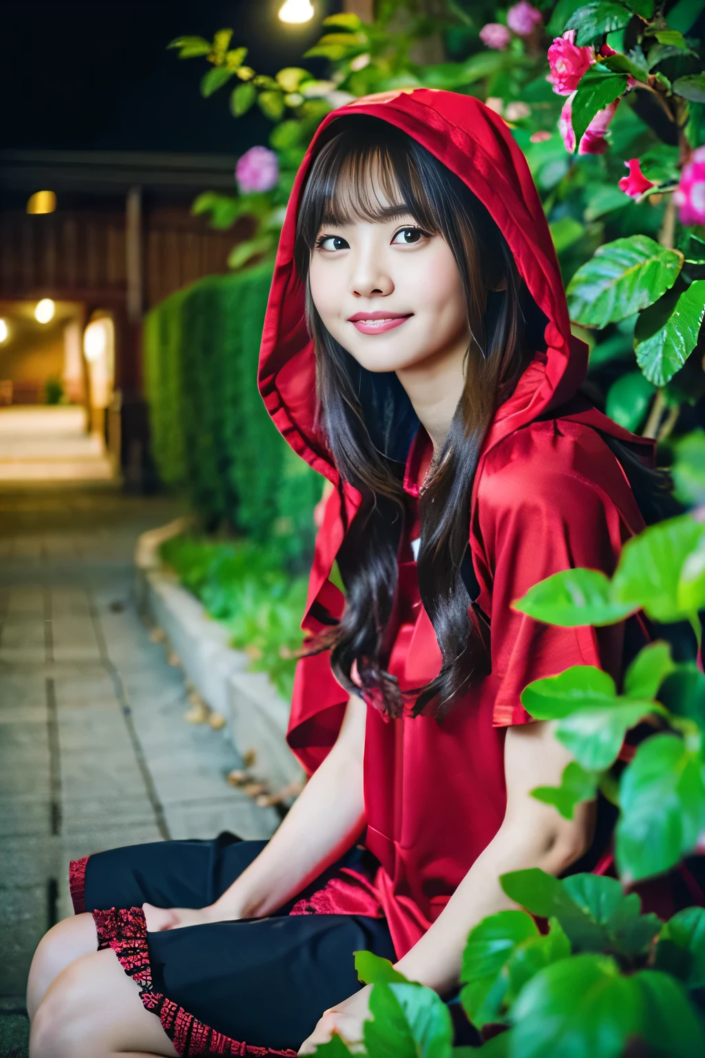 (best quality:1.2),(ultra detailed,highres,HDR,8k,3D,realistic,photorealistic,super fine,effects,official art,detailed background), (very happy smile,young,Japanese,detailed beautiful face), (Happy days),(round face,small face beauty), (dynamic pose:1.3), (head to thighs:1.5), ((Rose arch), (Rose hedge), (Open garden with various types of roses):1.1), (big red riding hood: 1.3), (Delicate dress), (Small face: 1.2), (Fairy-tale world feeling: 1.1) , (Put the wicker basket on the ground:1)